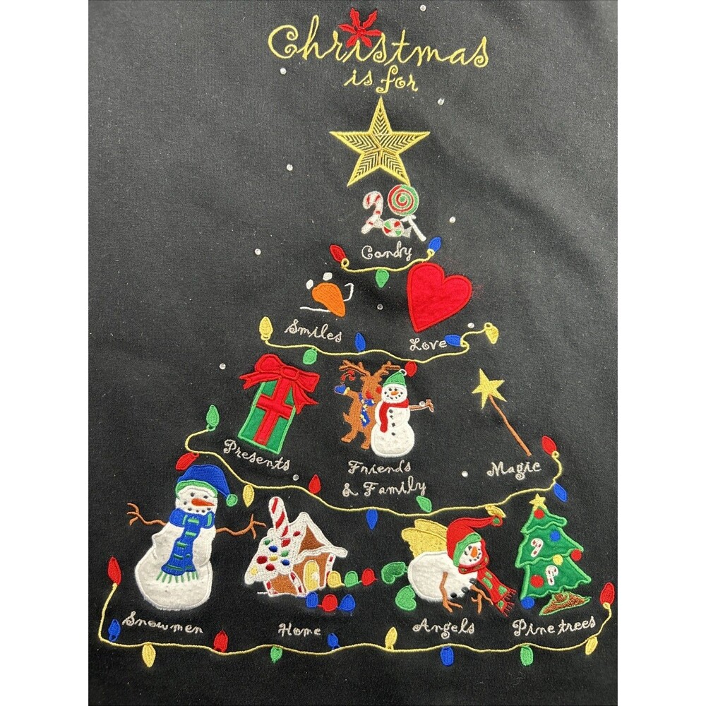 Quaker Factory Sweatshirt Womens Large Black Snowman Christmas Tree Embroidery - Picture 2 of 6